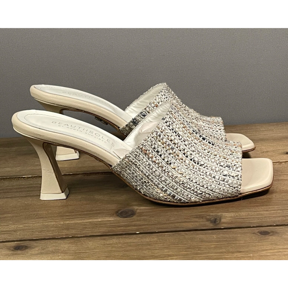 Beautiisoles Women's Heeled Sandals Size 7.5 Tan Blue Ivory Square Toe